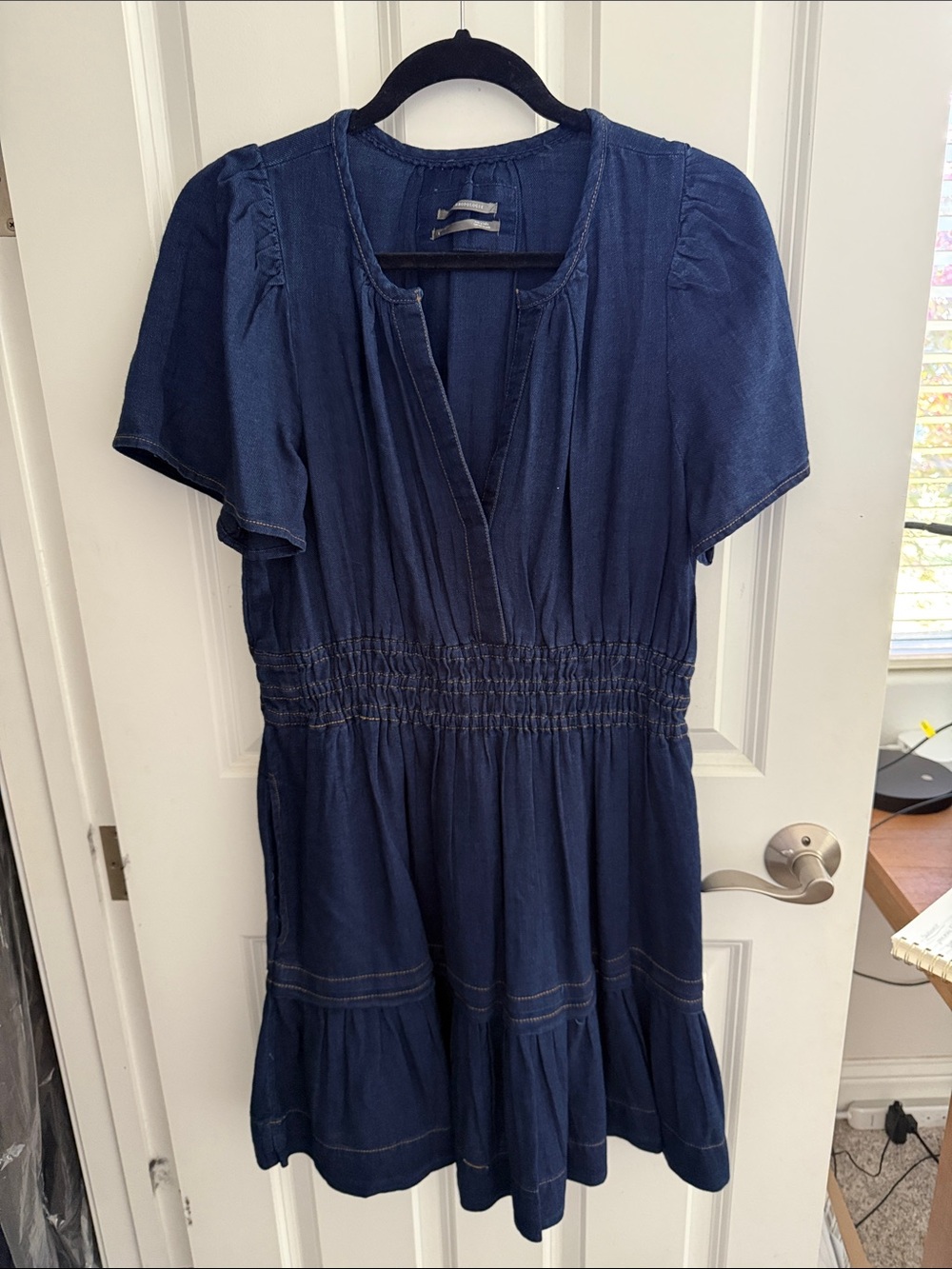 Anthropologie Somerset Navy Blue Denim Short Sleeve Tiered Smocked Dress NWOT